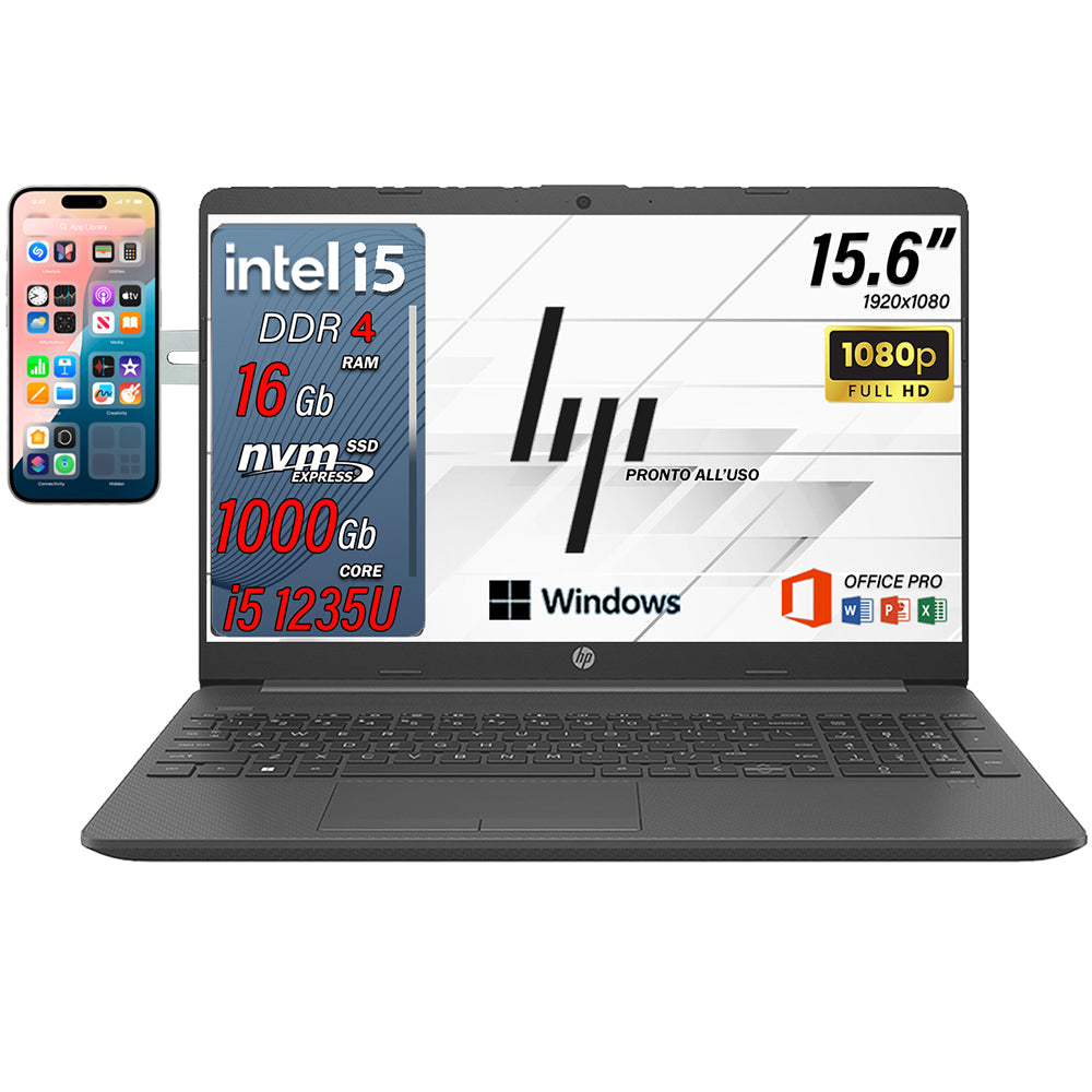 HP 250 G9 Notebook , Pc portatile i5 , intel core 1235U fino a 4,40Ghz , Ram 16Gb Ddr4 , SSD 1 Tb, Display 15.6" FULL HD, Windows 11 Pro  + Supporto Omaggio