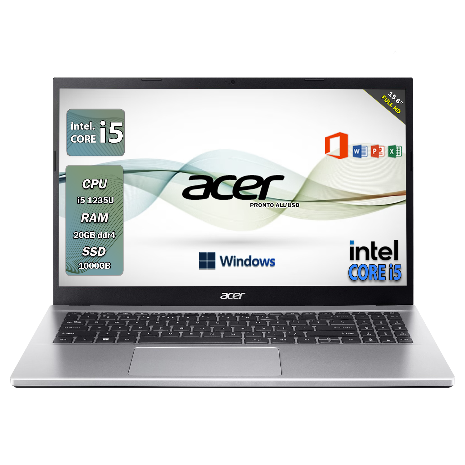 Acer , Pc portatile notebook , Intel i5 1235U , Display 15,6" Full HD , Ram 20 Gb , SSD 1000 Gb, Windows 11 Pro , Office pro, Laptop pronto all'uso