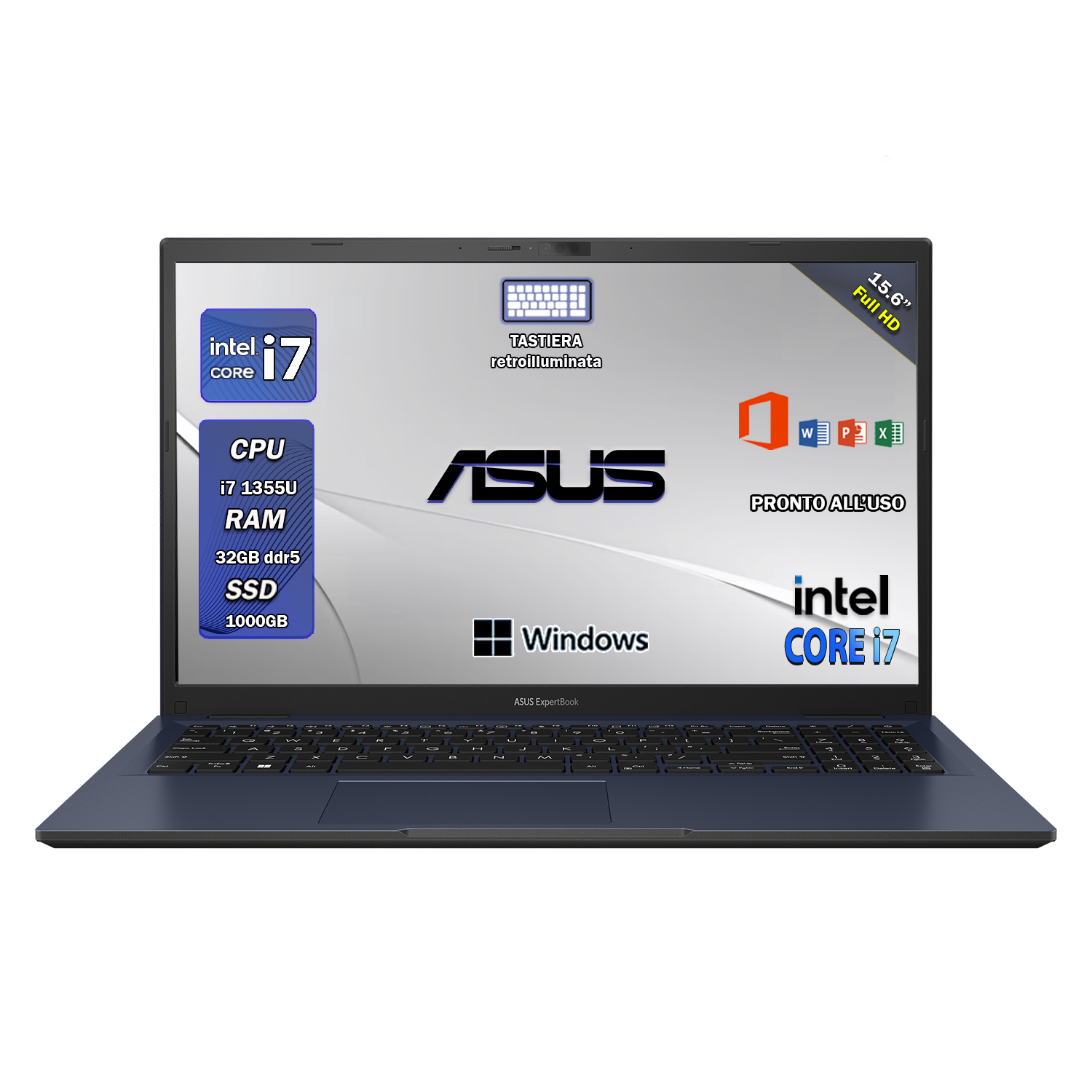 ASUS notebook i7 , pc portatile i7 1355U , Expertbook , ram 32 Gb , Ssd 1 Tb Nwme , Display 15.6 , IRIS Xe UHD , Wi fi 6 , Bt, tastiera retroilluminata , Windows 11 Pro, Office Pro , Laptop i7 pronto all'utilizzo