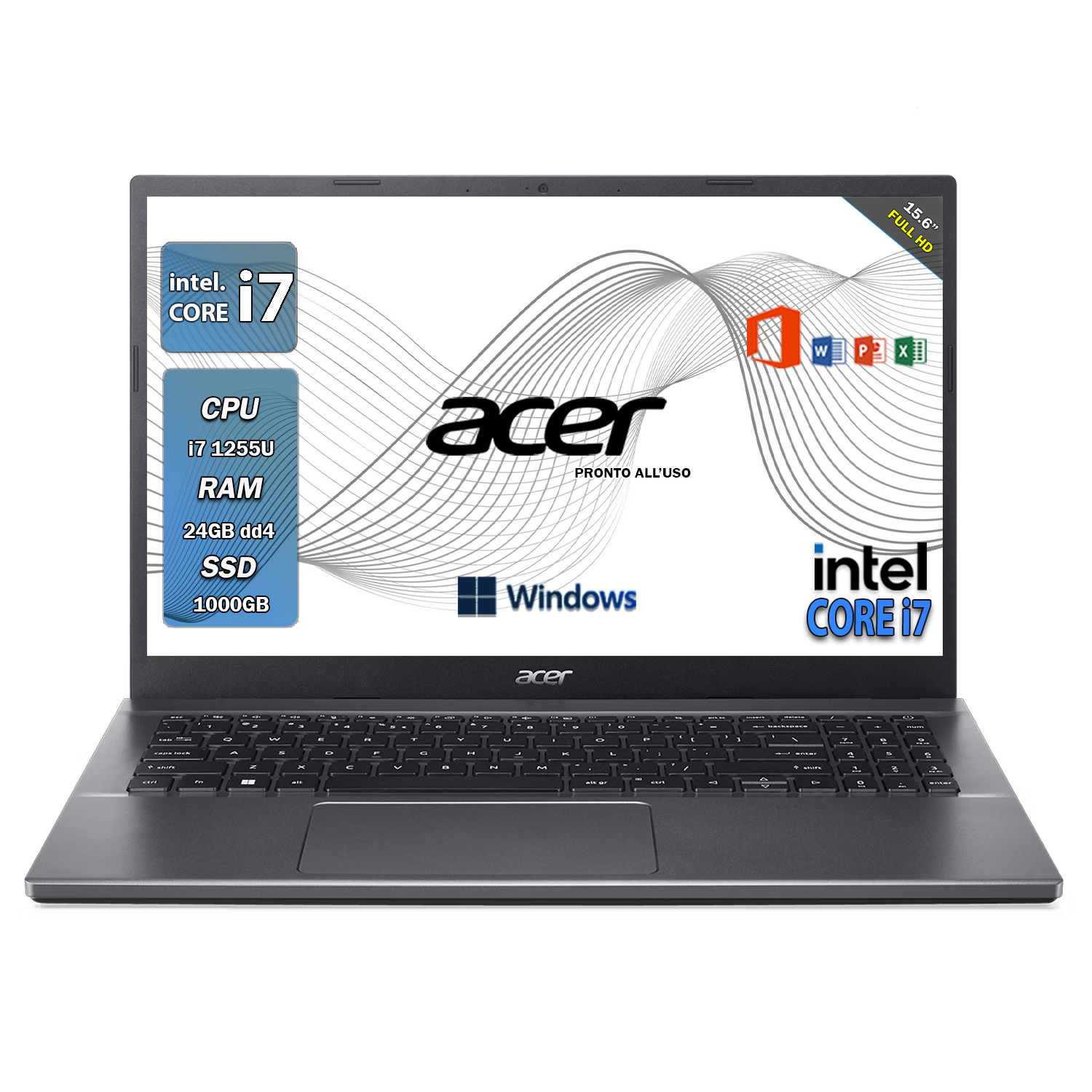 Acer , Pc portatile notebook , Intel i7 1255U , Display 15,6" Full HD , Ram 24 Gb , SSD 1000 Gb, Windows 11 Pro , Office pro, Laptop pronto all'uso