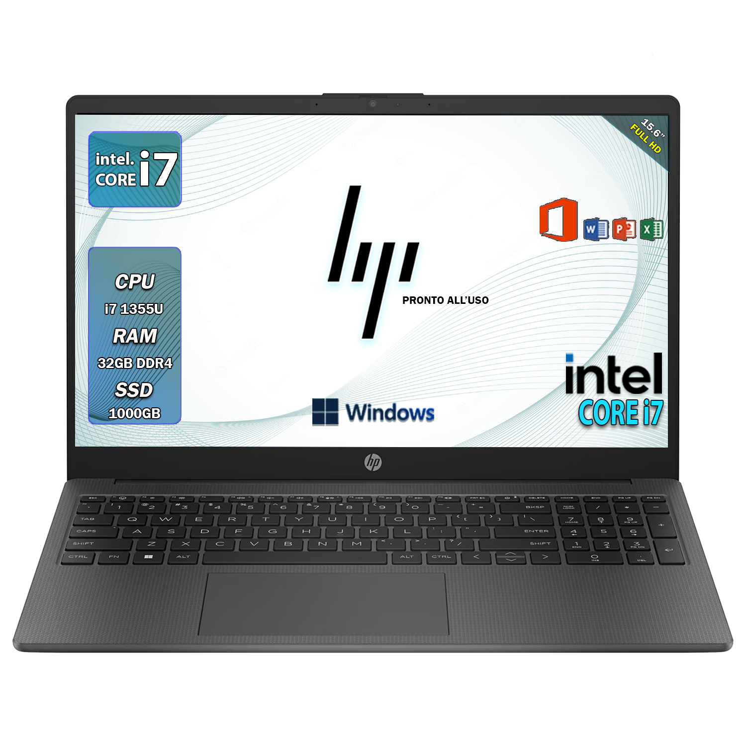 HP 250 G10 , Pc portatile notebook , Intel i7 1355U , Display 15,6" Full HD , Ram 32 Gb , SSD 1000 Gb, Windows 11 Pro , Office pro, Laptop pronto all'uso