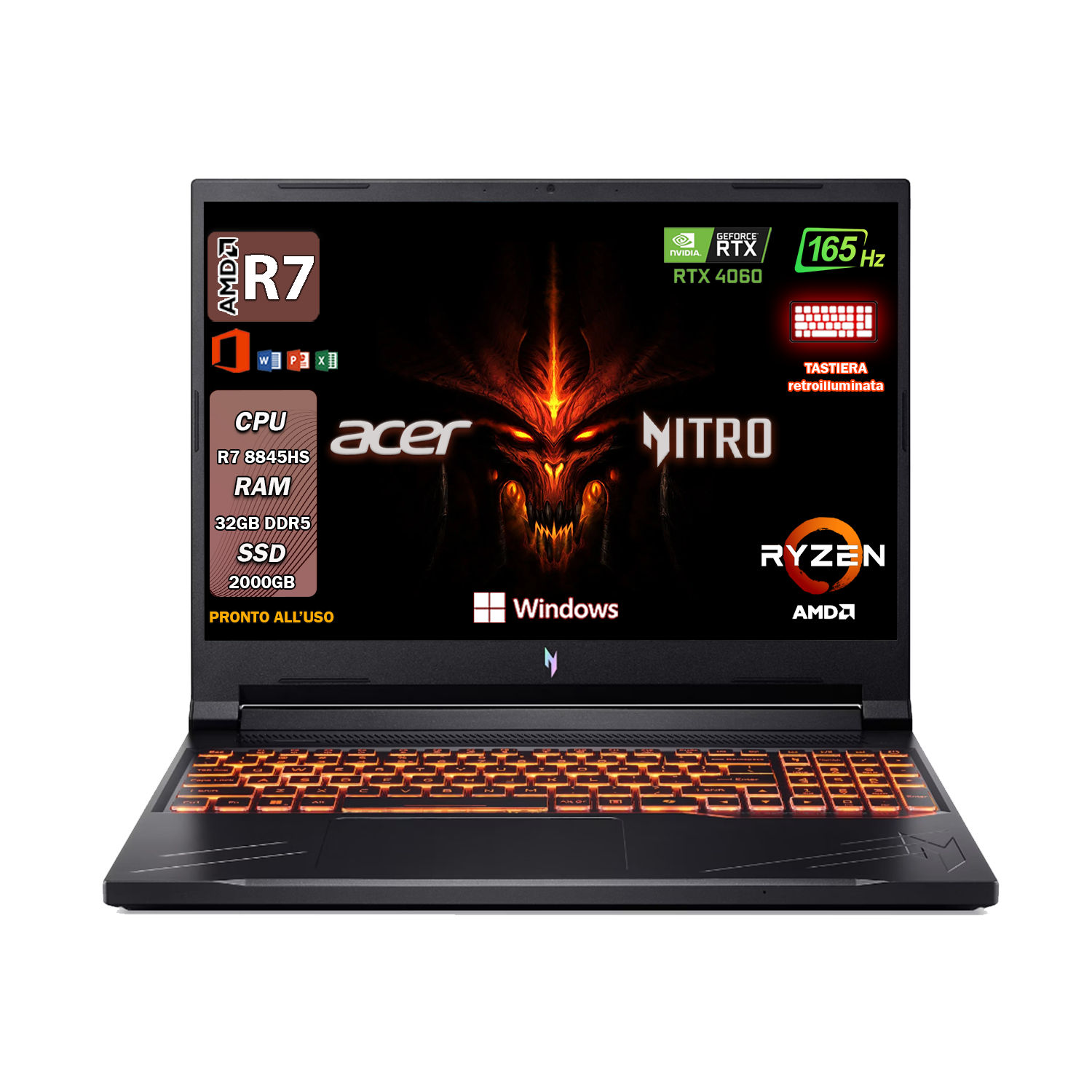 Acer Nitro V16 notebook Gaming , Pc portatile , Ryzen 7 8845HS ,Display 16" WUXGA IPS 165 Hz , RTX 4060 8Gb , Ram 32 Gb Ddr5 , SSD 2000 Gb, Tastiera Retroilluminata , Windows 11 Pro , Office pro, Laptop pronto all'uso