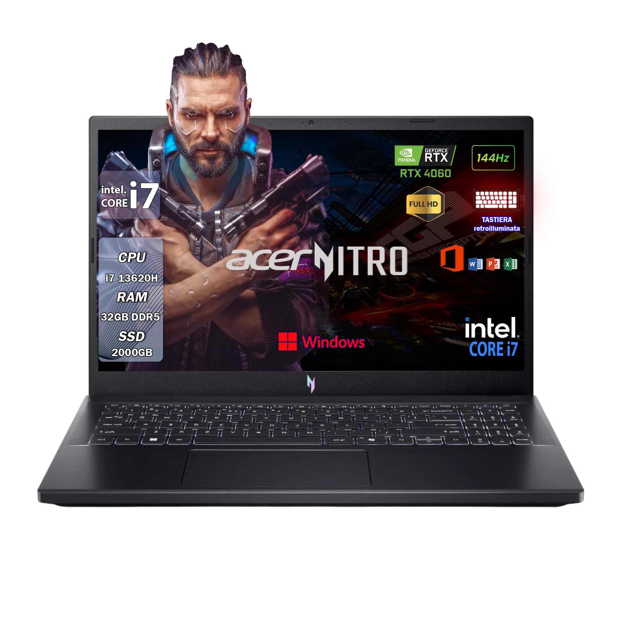 Acer Nitro V15 notebook Gaming , Pc portatile , Intel i7 13620H , Display 15.6" FHD IPS 144 Hz , RTX 4060 8Gb , Ram 32 Gb Ddr5 , SSD 2000 Gb, Tastiera Retroilluminata , Windows 11 Pro , Office pro, Laptop pronto all'uso