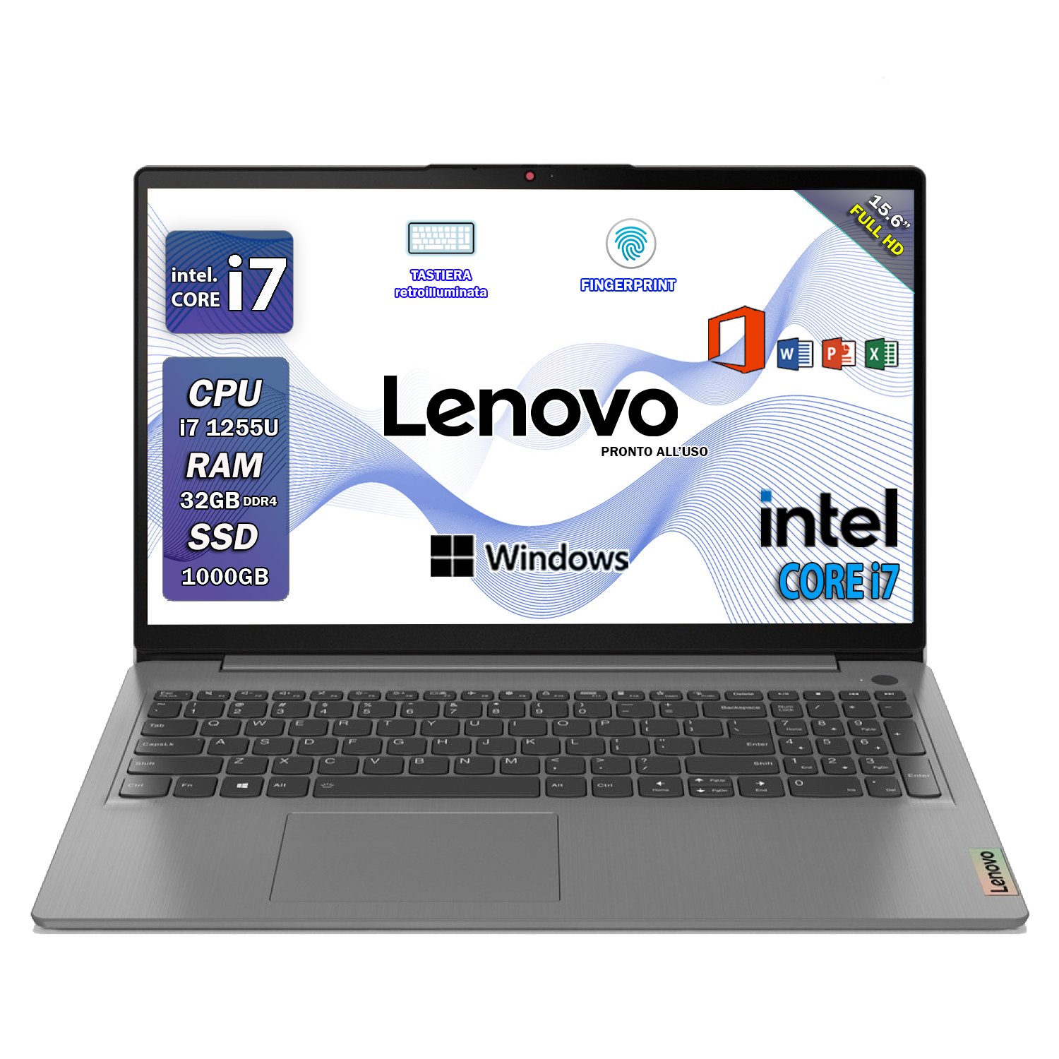 Lenovo , Pc portatile notebook , Intel i7 1255U , Display 15,6" Full HD , Ram 32 Gb , SSD 1000 Gb, Tastiera Retroilluminata , Windows 11 Pro , Office pro, Laptop pronto all'uso