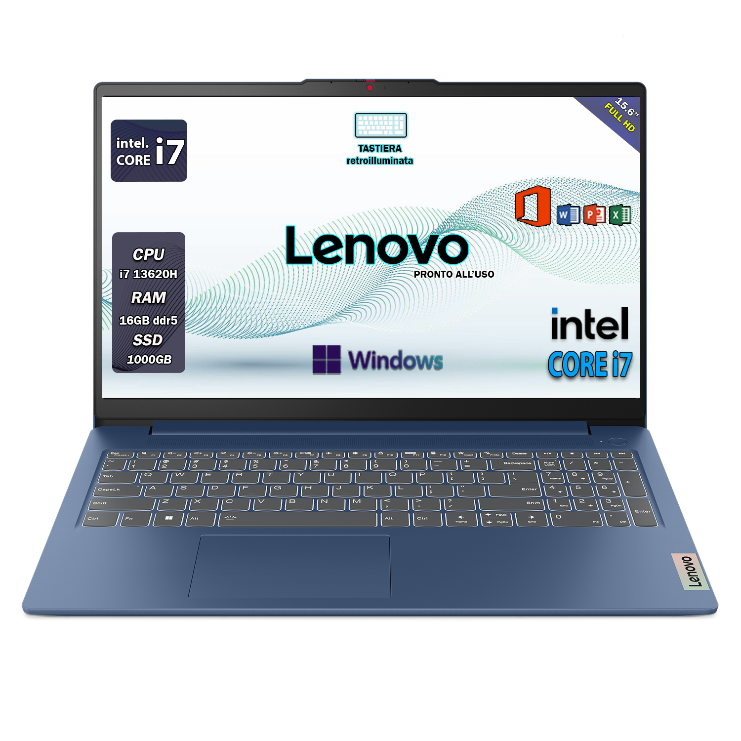 Lenovo , Pc portatile notebook Blue , Intel i7 13620h, Display 15,6" Full HD , Ram 16 Gb DDR5 , SSD 1000 Gb, Tastiera Retroilluminata , Windows 11 Pro , Office pro, Laptop pronto all'uso